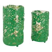 Photo DBO308SV : Glass candle holders with green metal leaves design