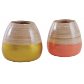 Photo DVA172S : Gold, pink and natural lacquered bamboo ball vase.